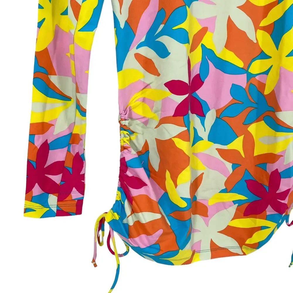 LANDS END NWT Multi Graphic Floral Cinched Waist Long Sleeve Rashguard Size XS